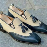 Mens Handmade Shoes Wingtip Two Tone Beige Suede & Navy Leather Tassels Boot NEW - Thumbnail 4