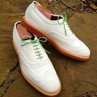 Handmade Men's Oxford White Leather With Brogue Toe Dress Formal Shoes - Thumbnail 4