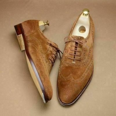 Mens handmade suede leather tan shoes formal brown dress leather sole shoes