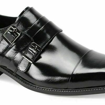 Black tone cap toe double buckle straps vintage monk premium leather men shoes