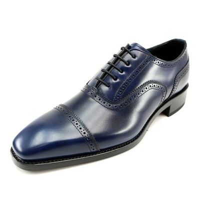 Men's blue oxford plain rounded cap toe black sole vintage leather lace up shoes
