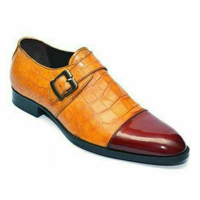 Handmade two tone shoes, tan alligator texture shoe, men's maroon cap toe shoe