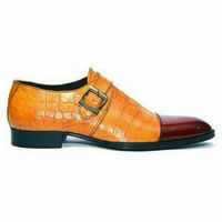 Handmade two Tone Shoes, Tan Alligator Texture Shoe, Men's Maroon Cap toe Shoe - Thumbnail 1