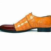 Handmade two Tone Shoes, Tan Alligator Texture Shoe, Men's Maroon Cap toe Shoe - Thumbnail 4