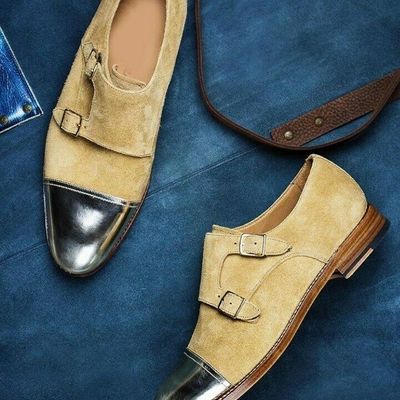 Men's handmade beige & black color leather & suede double monk strap dress shoes