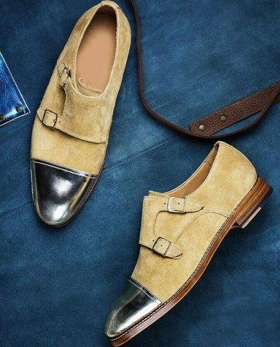 Men's Handmade Beige & Black color Leather & Suede Double Monk Strap Dress Shoes