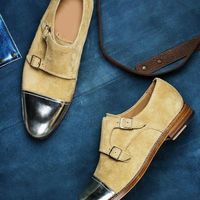 Men's Handmade Beige & Black color Leather & Suede Double Monk Strap Dress Shoes - Thumbnail 1