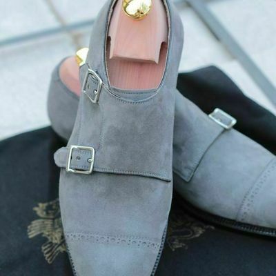 New handmade men gray color suede monk shoes, men double monk formal shoes