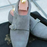 New Handmade Men Gray color Suede monk shoes, Men double monk Formal shoes - Thumbnail 4