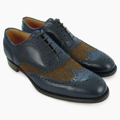Men's navy blue brogue toe tan tweed wingtip handcrafted genuine leather shoes