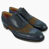 Men's Navy Blue Brogue Toe Tan Tweed Wingtip Handcrafted Genuine Leather Shoes - Thumbnail 1