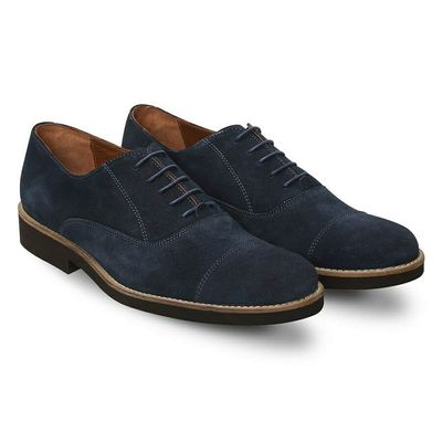 Men's Navy Blue Suede Rounded Cap Toe Black Sole Genuine Leather Lace up Shoes