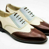 Mens Handmade Shoes Leather Three Tone Oxford Brogue Wingtip Lace Up Formal Boot - Thumbnail 4