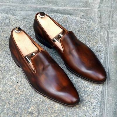 Coffee brown casual wear loafer slippers real leather derby toe handmade shoes