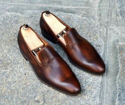 Coffee Brown Casual Wear Loafer Slippers Real Leather Derby Toe Handmade Shoes