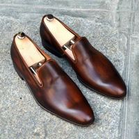 Coffee Brown Casual Wear Loafer Slippers Real Leather Derby Toe Handmade Shoes - Thumbnail 1