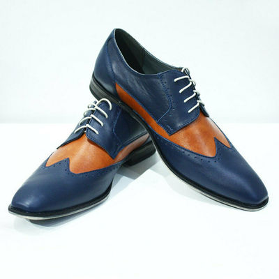 Oxford blue orange wing tip rounded toe handmade magnificiant leather men shoes