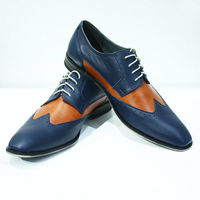 Oxford Blue Orange Wing Tip Rounded Toe Handmade Magnificiant Leather Men Shoes - Thumbnail 4