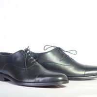 Handmade Black Cap Toe Lace Up Leather Shoes For Men's - Thumbnail 1