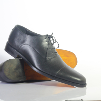 Handmade black cap toe lace up leather shoes for men's - Thumbnail 4