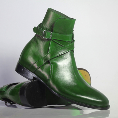 Handmade men's green leather half ankle jodhpurs boots - Thumbnail 2