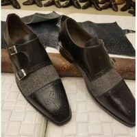Handmade Men's Double Monk Strap Brogue Shoes, Men Black Gray Tweed Leather Shoe - Thumbnail 1