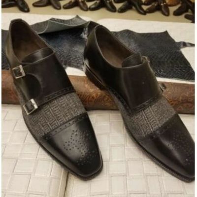 Handmade men's double monk strap brogue shoes, men black gray tweed leather shoe