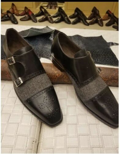 Handmade Men's Double Monk Strap Brogue Shoes, Men Black Gray Tweed Leather Shoe