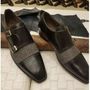 Handmade Men's Double Monk Strap Brogue Shoes, Men Black Gray Tweed Leather Shoe-4