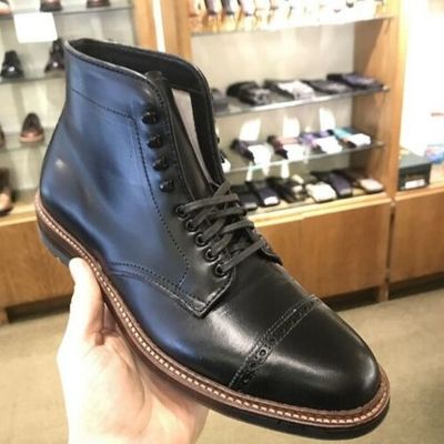 Handmade men’s ankle high leather boots, men’s black cap toe brogue lace up boot - Thumbnail 3