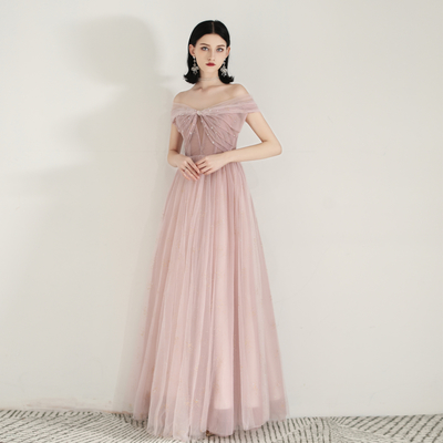 Pink tulle long prom dress pink evening dress - Thumbnail 4