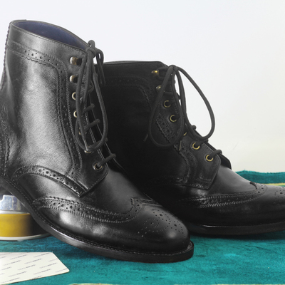 Handmade men's ankle high black wing tip leather lace up boots - Thumbnail 3