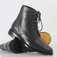 Handmade Men's Ankle High Black Wing Tip Leather Lace Up Boots - Thumbnail 1