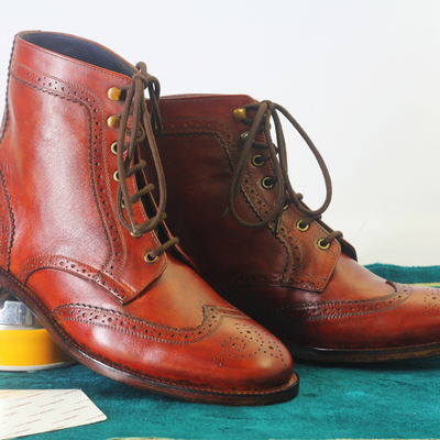 Handmade men's ankle high brown wing tip leather lace up boots - Thumbnail 2