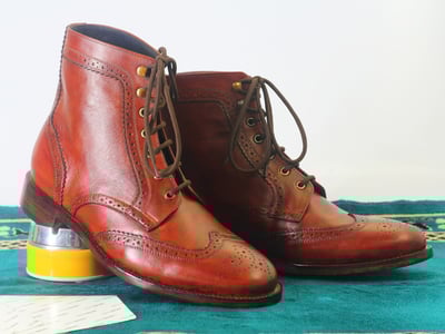 Handmade Men's Ankle High Brown Wing Tip Leather Lace Up Boots
