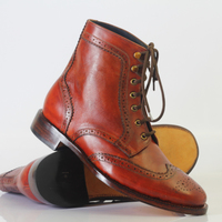Handmade Men's Ankle High Brown Wing Tip Leather Lace Up Boots - Thumbnail 1