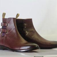 Handmade Men's Ankle High Burgundy Double Buckle Leather Boots - Thumbnail 2