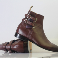 Handmade Men's Ankle High Burgundy Double Buckle Leather Boots - Thumbnail 3