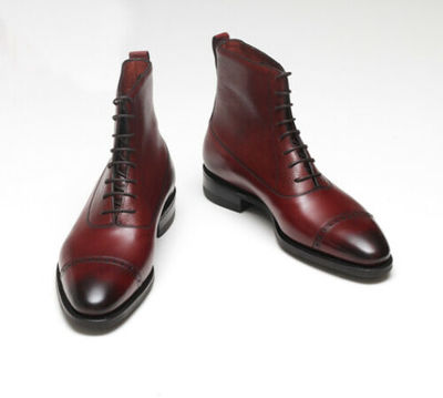 Handmade Men Maroon Cap Toe Lace Up Fashion Formal Leather Ankle Boot