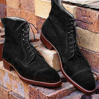 Handmade Men's Black Suede Cap-Toe Ankle Boots Suede Lace-up Boots - Thumbnail 1