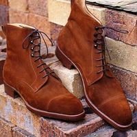 New Handmade Men's Tan Cap-Toe Ankle Boots Suede Lace-up Boots - Thumbnail 1