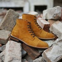 Handmade Men Ankle High Boot, Men's Tan Brown Suede Cap Toe Lace Up Casual Boots - Thumbnail 1