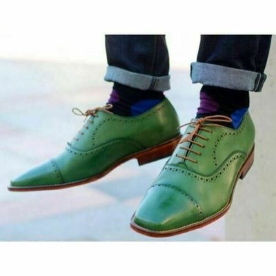 Handmade men's green leather shoes men dress formal shoes lace up shoe men party