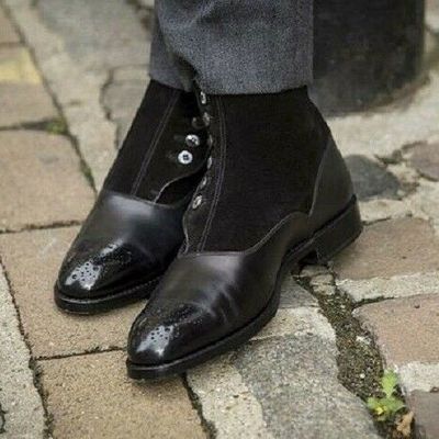 New handmade pure black leather & black suede brogue button boots for men's - Thumbnail 5