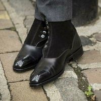 New Handmade Pure Black Leather & Black Suede Brogue Button Boots for Men's - Thumbnail 4