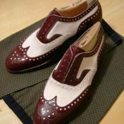 Men maroon white two tone brogues toe premium leather oxford handmade shoes