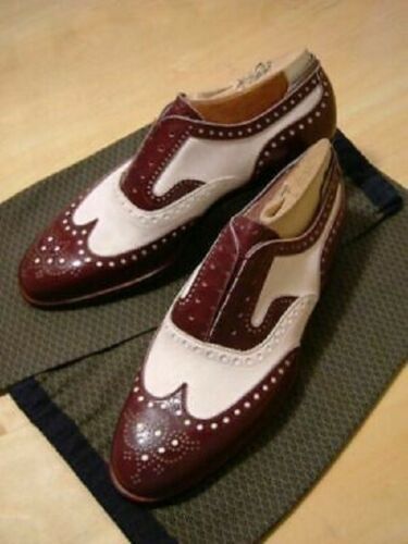 Men Maroon White Two Tone Brogues Toe Premium Leather Oxford Handmade Shoes