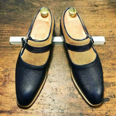 Handmade men’s leather suede stylish shoes, men’s black beige monk strap shoes