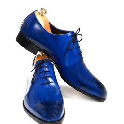 Handmade men's leather oxford shiny blue plain rounded burnished toe shoes