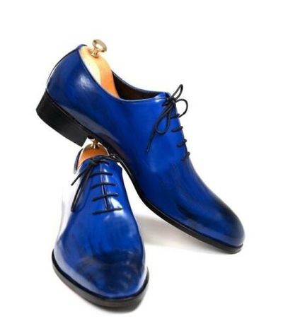 Handmade Men's Leather Oxford Shiny Blue Plain Rounded Burnished Toe Shoes